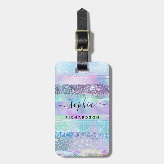 Girly Glitter Faux Holographic | Roze blauw Paars Bagagelabel (Voorkant verticaal)