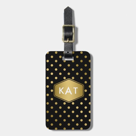 Girly Glitter Gold Polka Dots Pattern Black Bagagelabel (Voorkant verticaal)