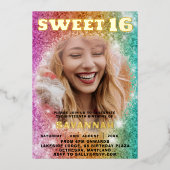 Girly Glitter Kleurrijke Sweet 16 Party Folie Uitnodiging (Voorkant)