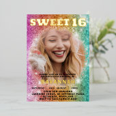 Girly Glitter Kleurrijke Sweet 16 Party Folie Uitnodiging (Staand Voorkant)