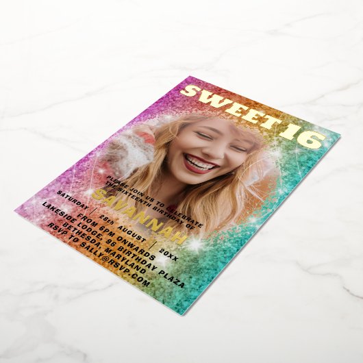 Girly Glitter Kleurrijke Sweet 16 Party Folie Uitnodiging (Gedraaid)