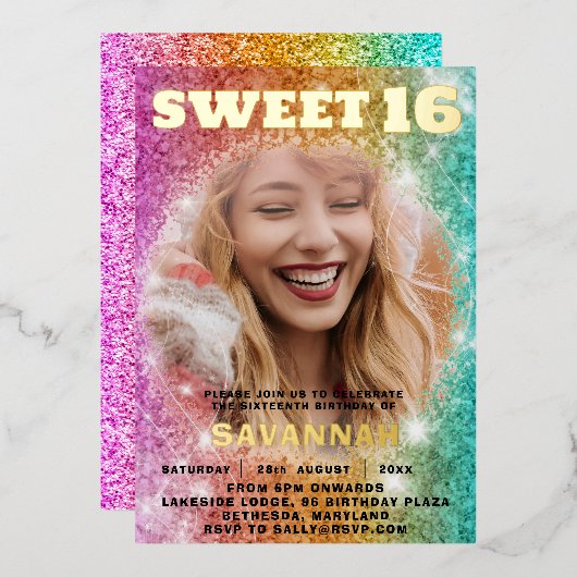 Girly Glitter Kleurrijke Sweet 16 Party Folie Uitnodiging (Voorkant / Achterkant)