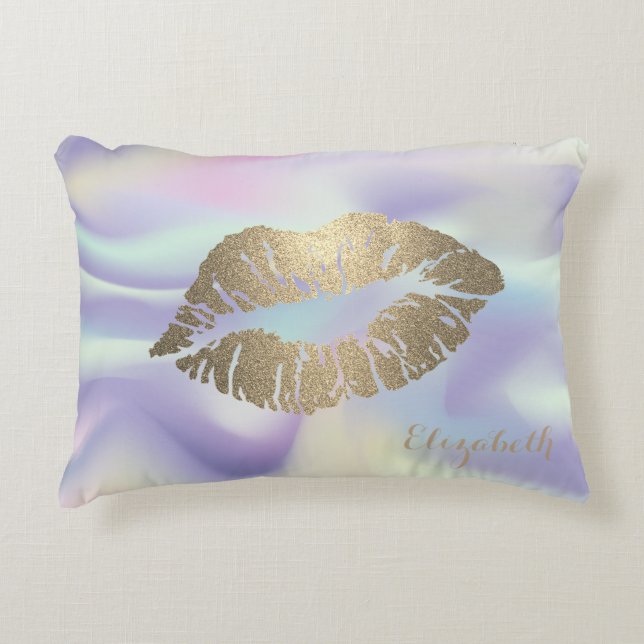 Girly Glitter Lips Holografisch Accent Kussen (Voorkant)