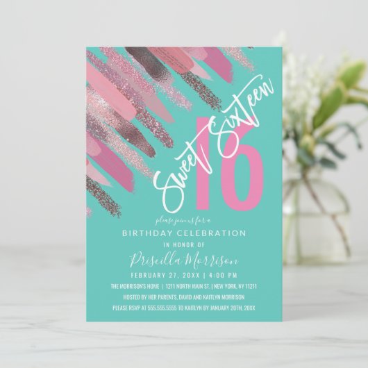 Girly Glitter Paint Brushstroke Roze Blauwgroen Sw Kaart (Staand voorkant)