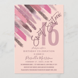 Girly Glitter Paint Brushstrokes Roze Sweet 16 Kaart