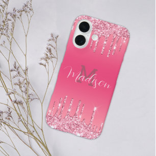 Girly Glitter Pink Drip Glam Monogram Naam toevoeg iPhone 16 Hoesje