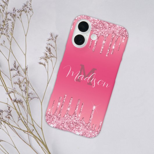 Girly Glitter Pink Drip Glam Monogram Naam toevoeg Case-Mate iPhone Case