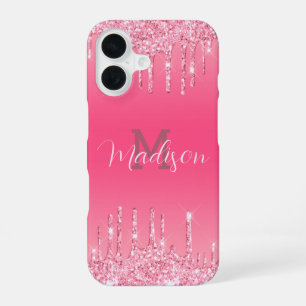 Girly Glitter Pink Drip Glam Monogram Naam toevoeg iPhone 16 Hoesje
