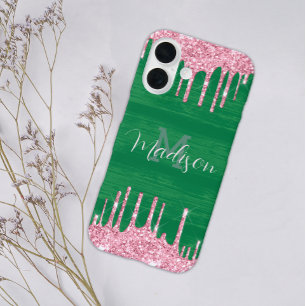 Girly Glitter Pink Green Drip Monogram Naam toevoe iPhone 16 Hoesje