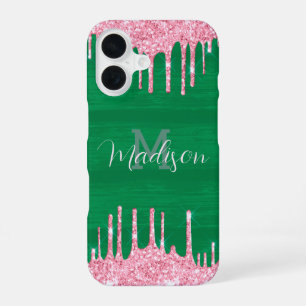 Girly Glitter Pink Green Drip Monogram Naam toevoe iPhone 16 Hoesje