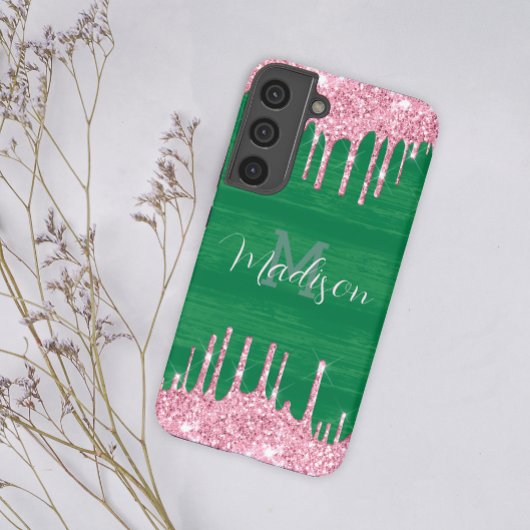 Girly Glitter Pink Green Drip Monogram Naam toevoe Samsung Galaxy Hoesje