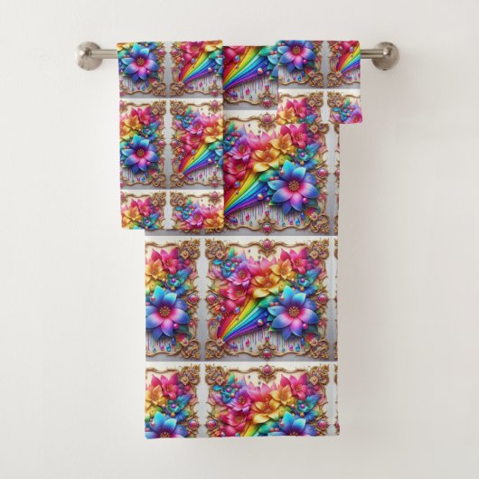 Girly Glitter Rainbow Flowers Towel Set Bad Handdoek (Insitu)