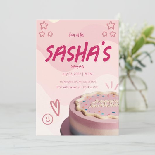 girly glitter roze schattig verjaardag uitnodiging (Staand voorkant)