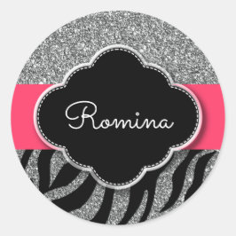 Girly Glitter Roze Zebra Patroon Gepersonaliseerde Ronde Sticker