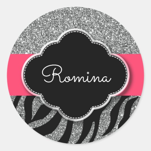 Girly Glitter Roze Zebra Patroon Gepersonaliseerde Ronde Sticker (Voorkant)