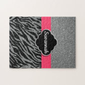 Girly Glitter Silver Pink Zebra Glam Jouw naam toe Legpuzzel (Horizontaal)