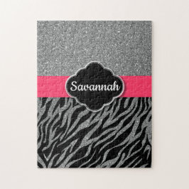 Girly Glitter Silver Pink Zebra Glam Jouw naam toe Legpuzzel