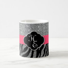 Girly Glitter Silver Pink Zebra Uw Initialen toevo Koffiemok