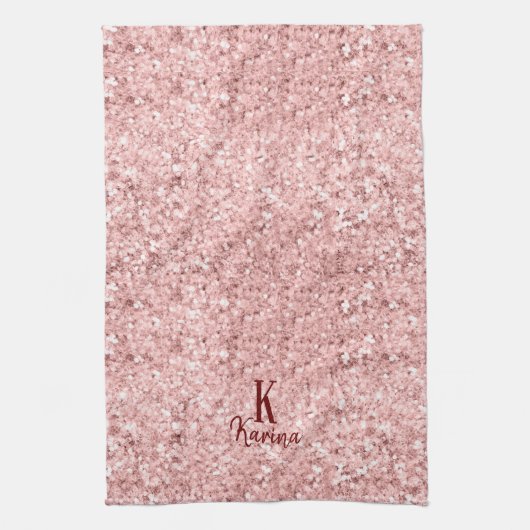 Girly glitter sparkle blush roze naam monogramed theedoek (Verticaal)