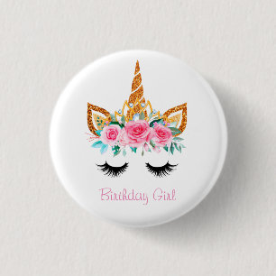 Girly Glitter Unicorn Face Birthday Badge Ronde Button 3,2 Cm