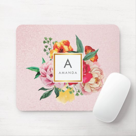 Girly Glitter Waterverf Peony Flowers Monogram Muismat (Met muis)