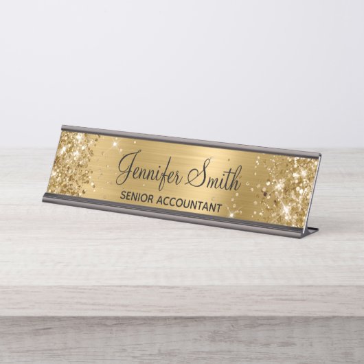 Girly Glittery Faux Gold Foil Bureau Naambordje (Voorkant)