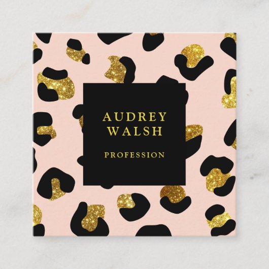 Girly Glittery Gold Blush Leopard print Luxe Vierkante Visitekaartje (Voorkant)