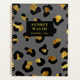 Girly Glittery Gold Grey Leopard Print Luxe Planner