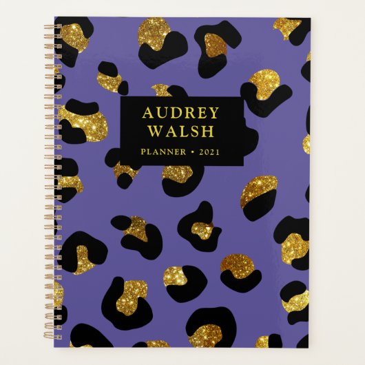Girly Glittery Gold Paars Leopard Print Luxe Planner (Voorkant)