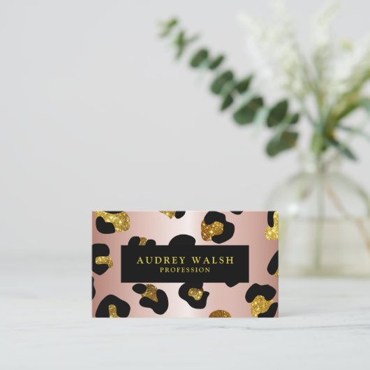 Girly Glittery Roos Gold Leopard print Luxe Visitekaartje (Staand voorkant)