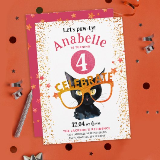 Girly Glittery Roze Sinaasappel Cat Pawty Waterver Kaart