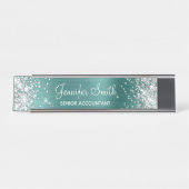 Girly Glittery Silver Faux Aqua Blauwgroen Folie Bureau Naambordje (Voorkant)