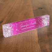 Girly Glittery Silver Faux Hot Pink Folie Naambordje (Zijkant)