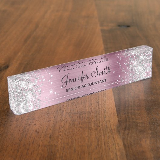 Girly Glittery Silver Faux Light Roze Folie Naambordje (Zijkant)