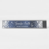 Girly Glittery Silver Faux Navy Blue Folie Bureau Naambordje (Voorkant)