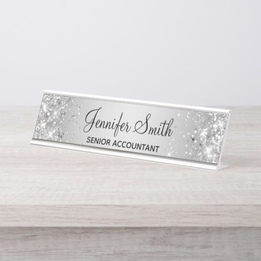 Girly Glittery Silver Gradient Bureau Naambordje (Voorkant)