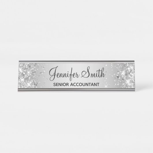 Girly Glittery Silver Gradient Bureau Naambordje (Voorkant)