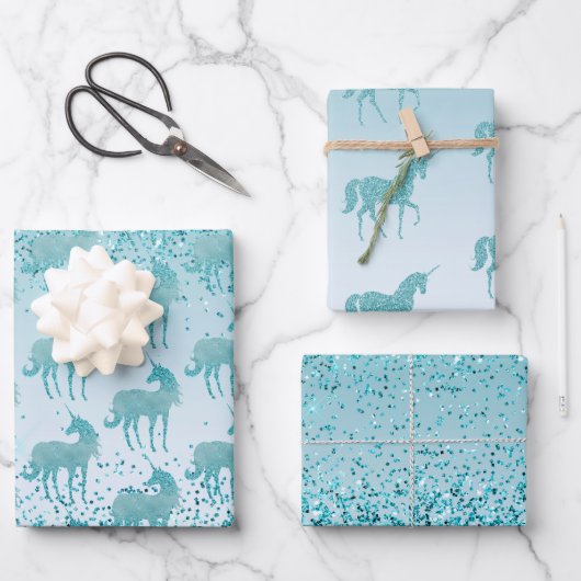 Girly Glitz Aqua Turquoise Glitter Eenhoorn Ombre Inpakpapier Vel (Voorkant)