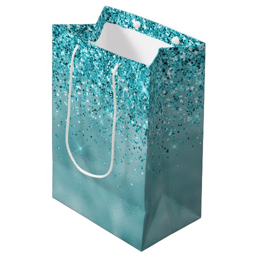 Girly Glitz Aqua Turquoise Glitter Medium Cadeauzakje (Voorkant Gekanteld)