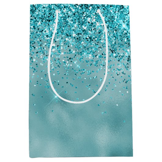 Girly Glitz Aqua Turquoise Glitter Medium Cadeauzakje (Voorkant)