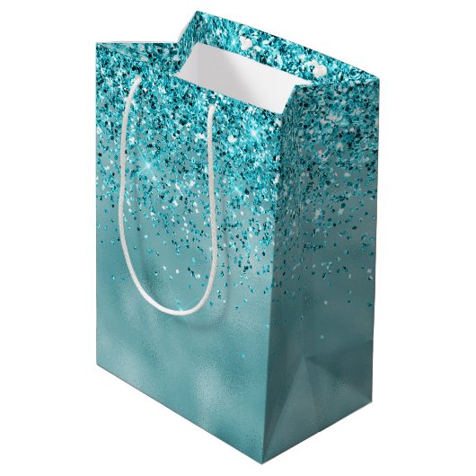 Girly Glitz Aqua Turquoise Glitter Medium Cadeauzakje (Achterkant Gekanteld)
