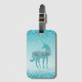Girly Glitz Aqua Turquoise Glitter Unicorn Bagagelabel (Voorkant (verticaal))