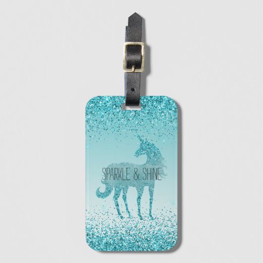 Girly Glitz Aqua Turquoise Glitter Unicorn Bagagelabel (Voorkant (verticaal))