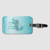 Girly Glitz Aqua Turquoise Glitter Unicorn Bagagelabel (Voorkant (horizontaal))