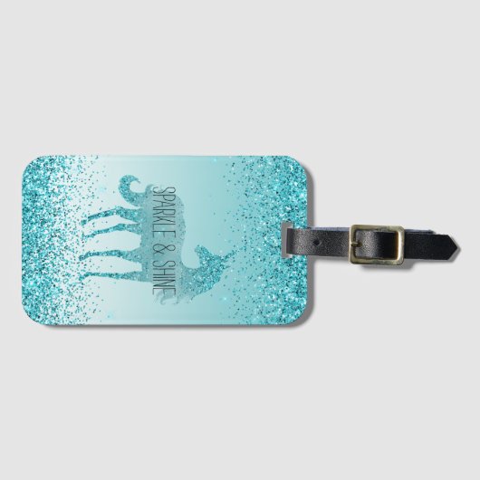 Girly Glitz Aqua Turquoise Glitter Unicorn Bagagelabel (Voorkant (horizontaal))