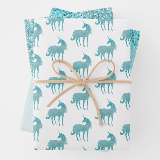 Girly Glitz Aqua Turquoise Glitter Unicorn Inpakpapier Vel (In situ)
