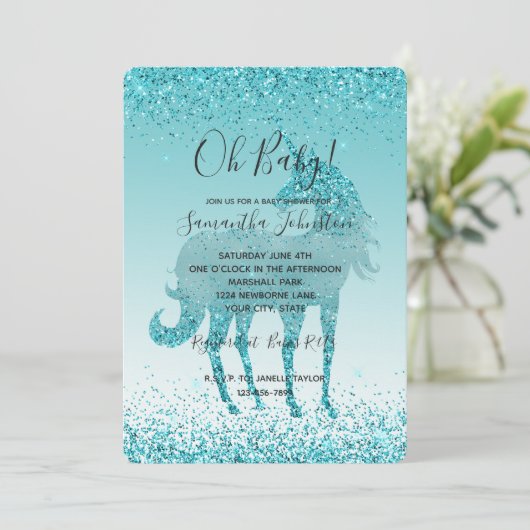 Girly Glitz Aqua Turquoise Glitter Unicorn Kaart (Staand voorkant)