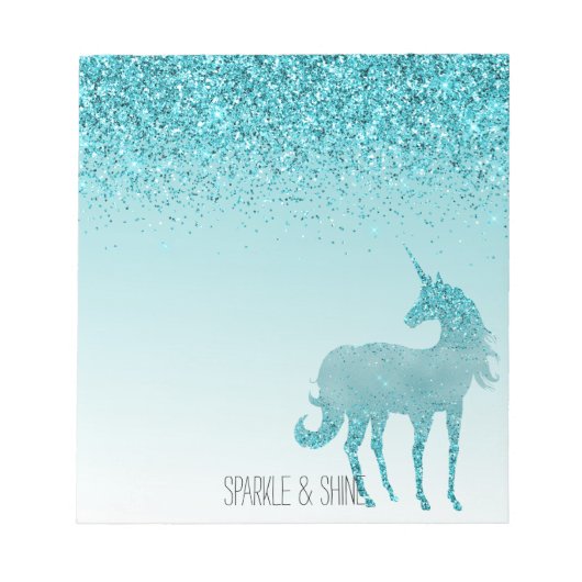 Girly Glitz Aqua Turquoise Glitter Unicorn Notitieblok (Voorkant)