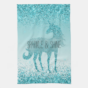 Girly Glitz Aqua Turquoise Glitter Unicorn Theedoek