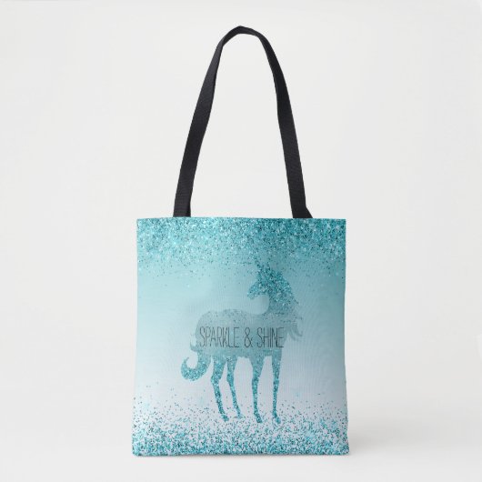 Girly Glitz Aqua Turquoise Glitter Unicorn Tote Bag (Voorkant)